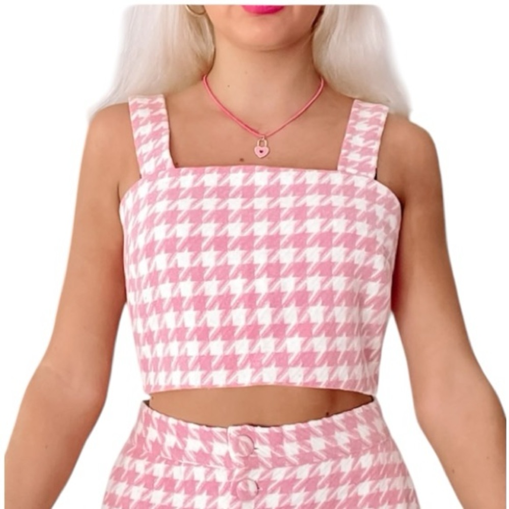 Revolve Day and Night Pink White Houndstooth Women's Crop Top NWT Size Large